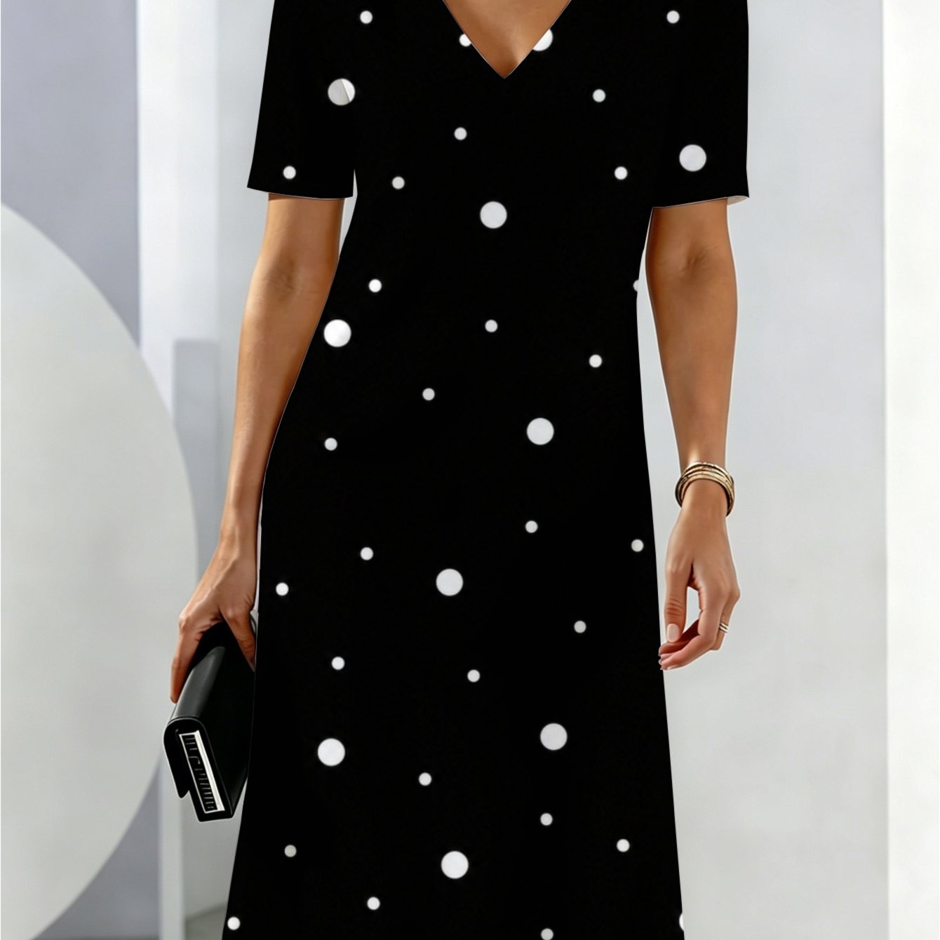 Women's -neck Dress - Black & White Polka Knee-length Dress, Breathable Suitable For Dates, Casual To Semi-formal Wear, Machine Washable Elegant Summer Dress