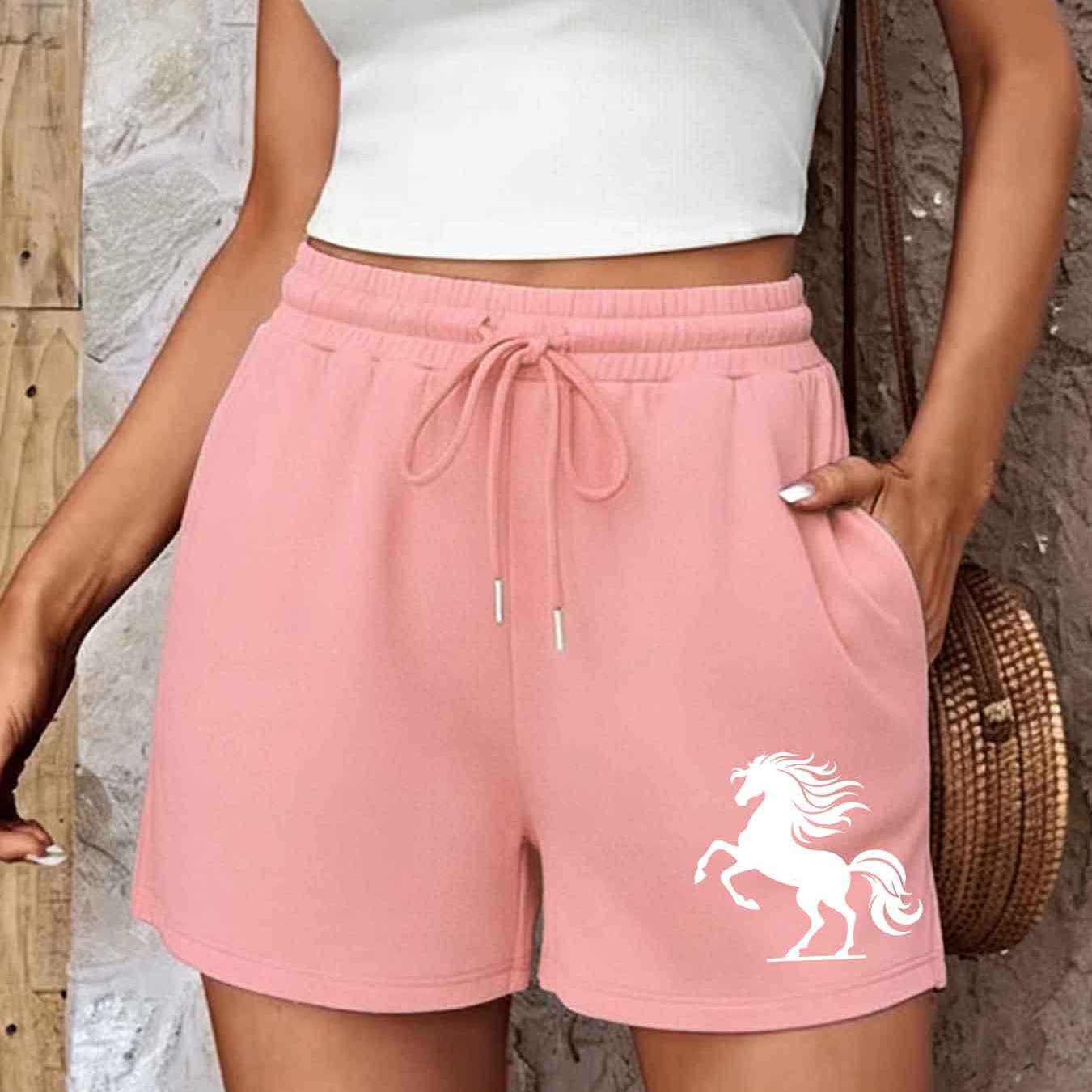 TEMU Stylish And Minimalist Shorts For Women, Featuring A Horse Print Design, With A Drawstring Elastic Waist For A Fashionable Look. Comfortable And