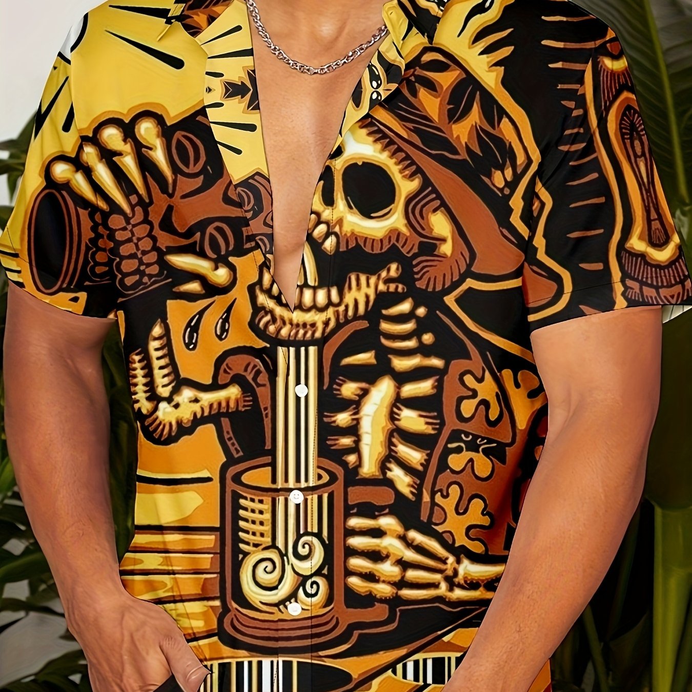 TEMU Men's Patterned Shirt, Hawaiian Shirt, Collared Shirt, Fun Beer Skull Print, Outdoor Streetwear Short-sleeve Printed Button-up Clothing,