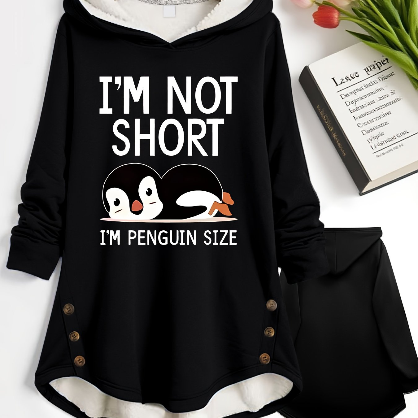 TEMU This Women's Autumn And Winter Warm Hooded Coat Features A Button Design, A Lined Hood, Printed Patterns On The Hoodie, And A . Washable,