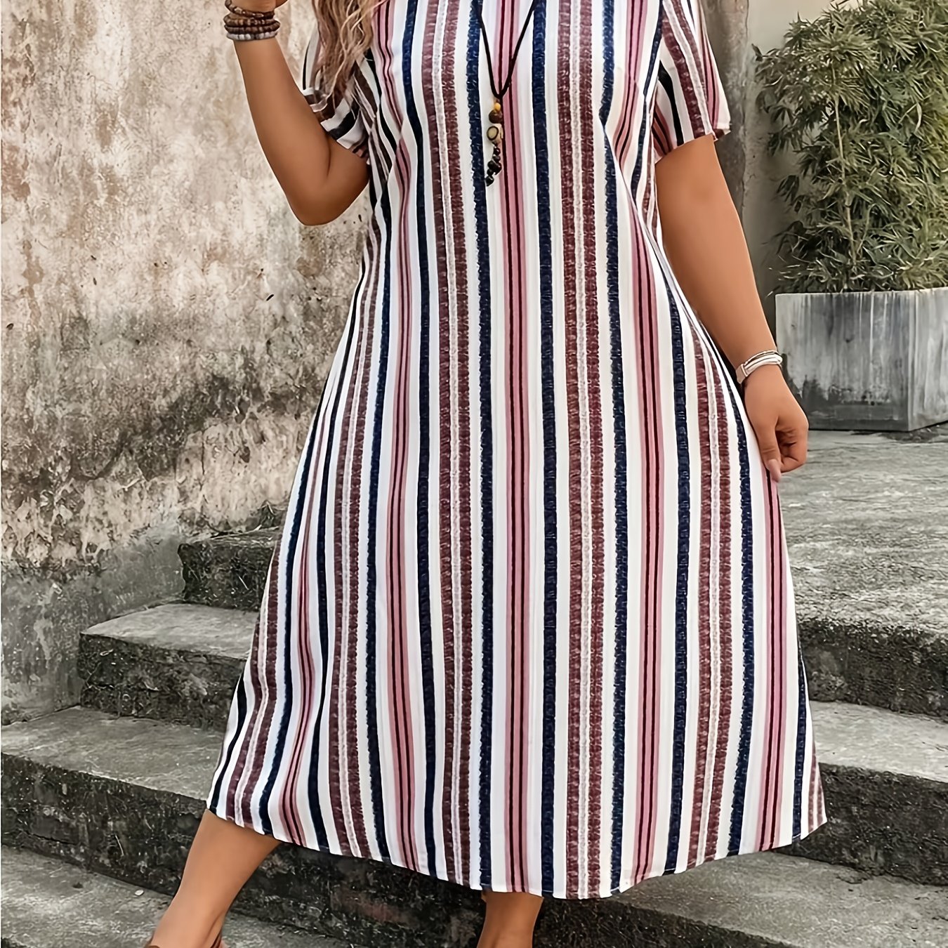 TEMU Red Striped Short-sleeve Dress - Round Neck Loose-fit Dress With , Non- Fabric Suitable For - Casual Wear,, Office, Everyday Outfits