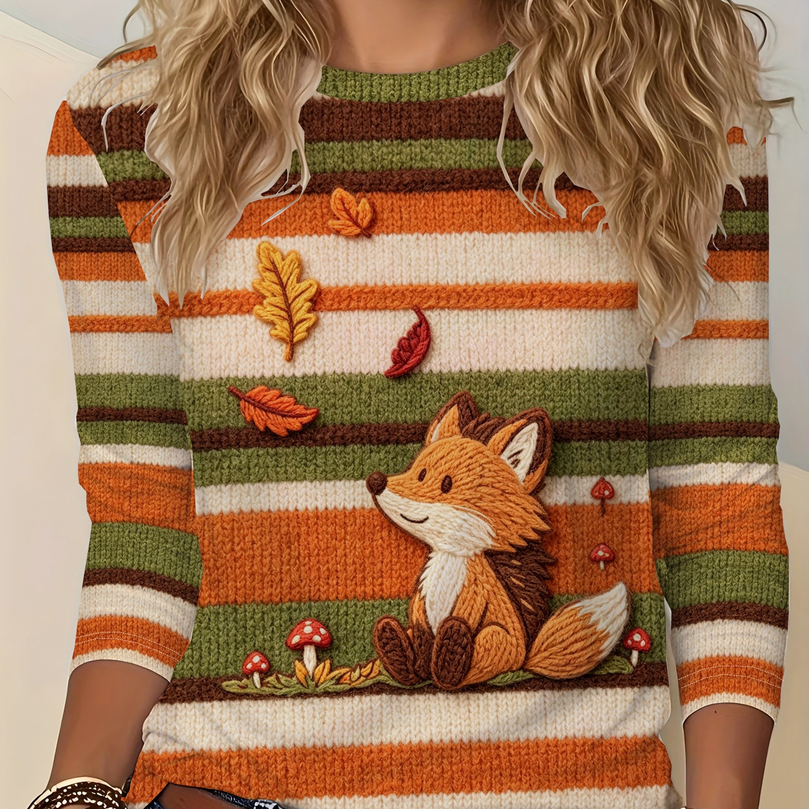 TEMU [printed Design Non-textured] Autumn New Women's Round Neck Long Sleeve Top, Striped Fox Leaf Mushroom Simulated Effect Printed Cute Casual