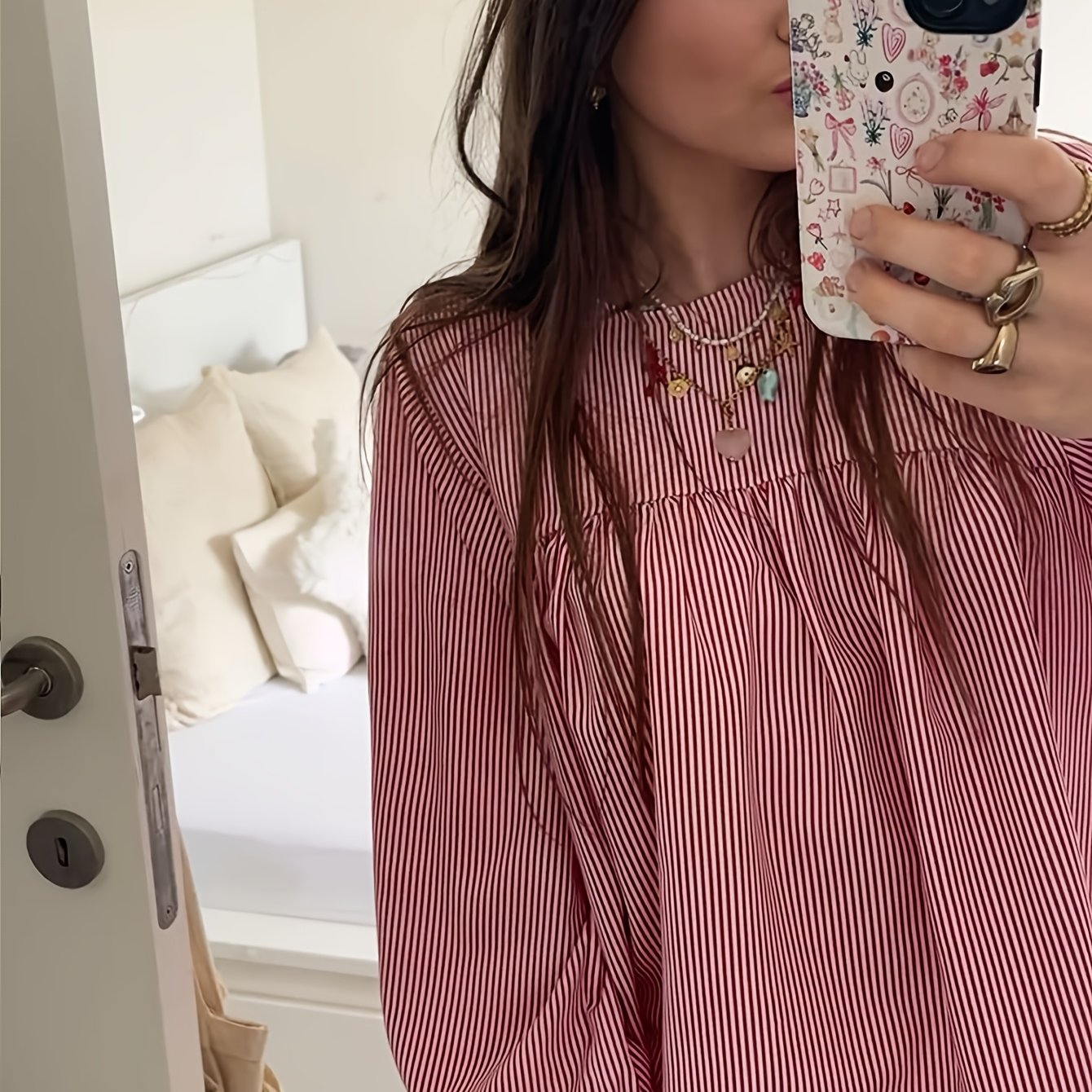 TEMU Red And White Vertical Stripes Doll Blouse, Round Neck Loose Puff Sleeve Long Sleeve Shirt, Casual Short Top
