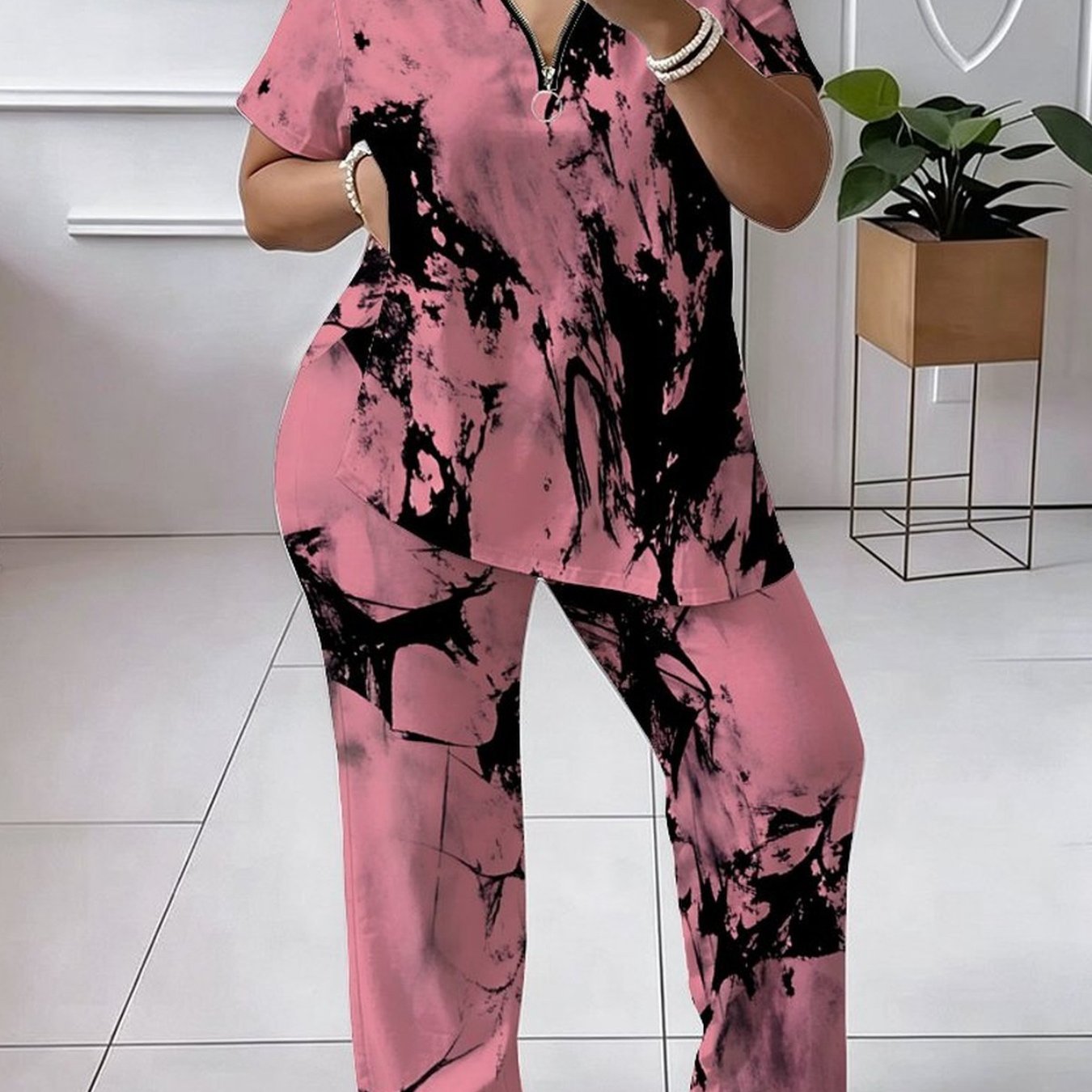 Plus Size, Women's Set, Plus-size Women's Set, Tie-dye Print, Casual Party, Comfortable Material, Trendy Short-sleeve Top, Comfortable And Breathable Pants Set
