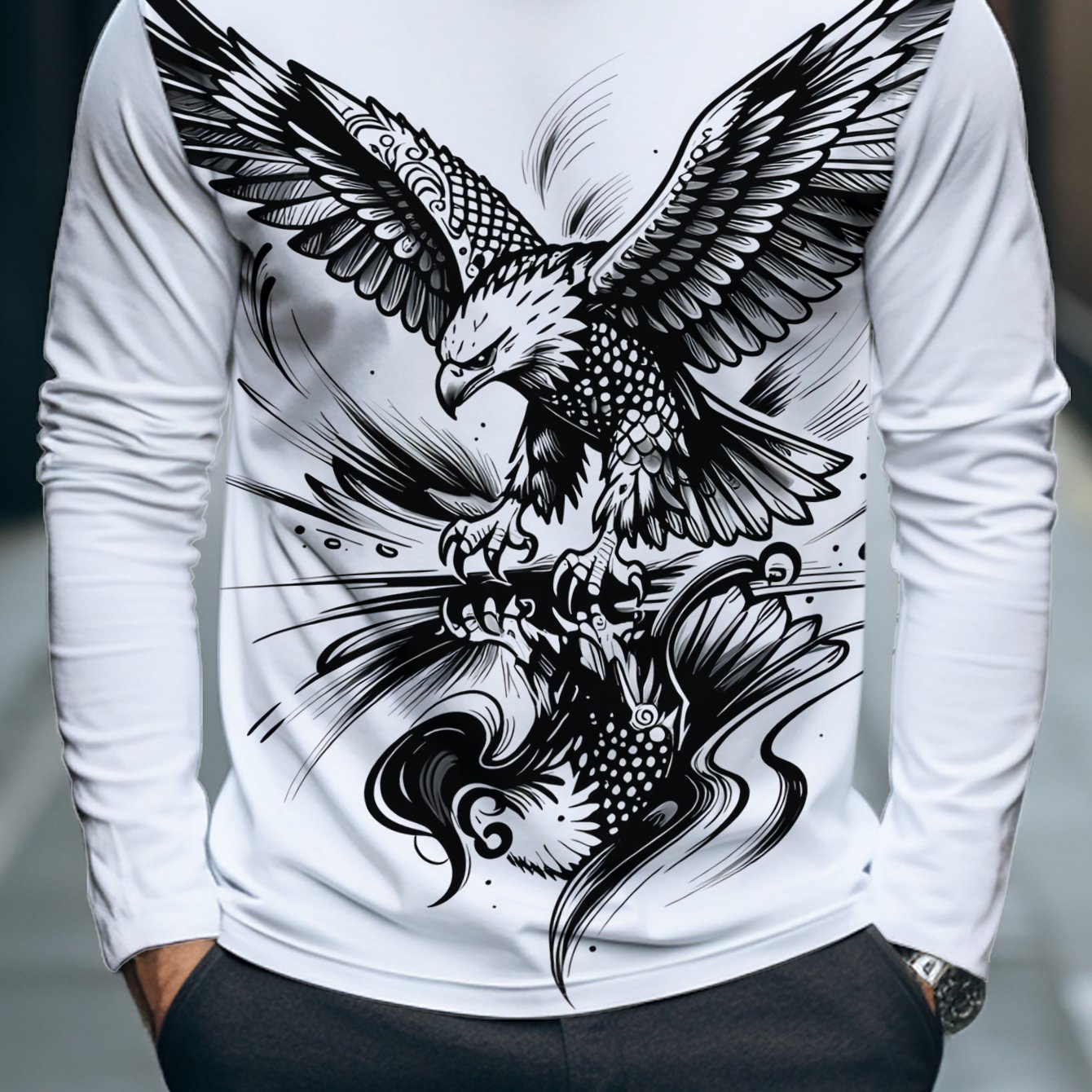 TEMU Men's Casual Long Sleeve T-shirt With Eagle Print - Black & White Eagle Perched On , Round Neck Regular Fit Shirt, Machine Washable Soft