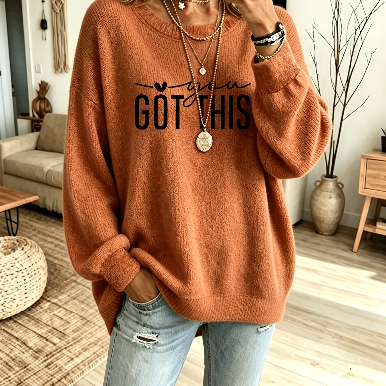 TEMU Pyjama et vêtement de détente pour femme, pull à col ras du cou ambiance automne/hiver, haut décontracté à imprimé lettres pour femme