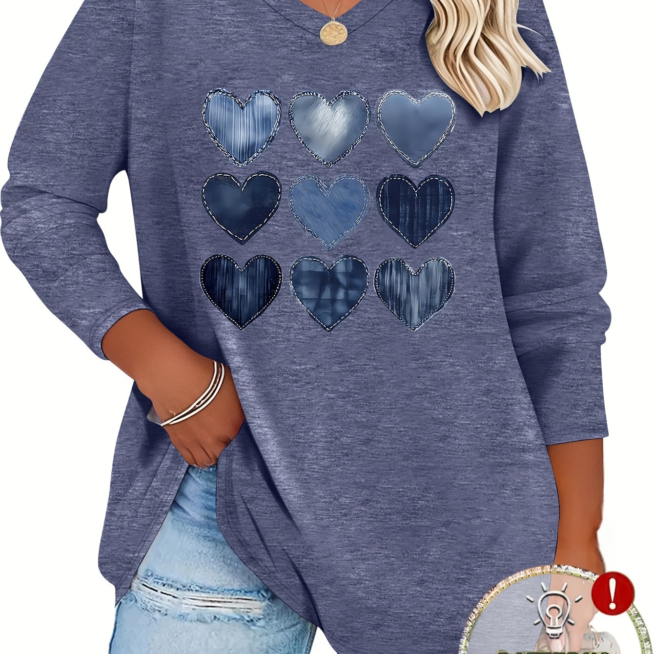 TEMU Plus Size, /summer Size Women's Casual Long Sleeve V-neck T-shirt With Sky Blue Heart Pattern And Letter Print. Rayon- Blend - Soft, , Machine