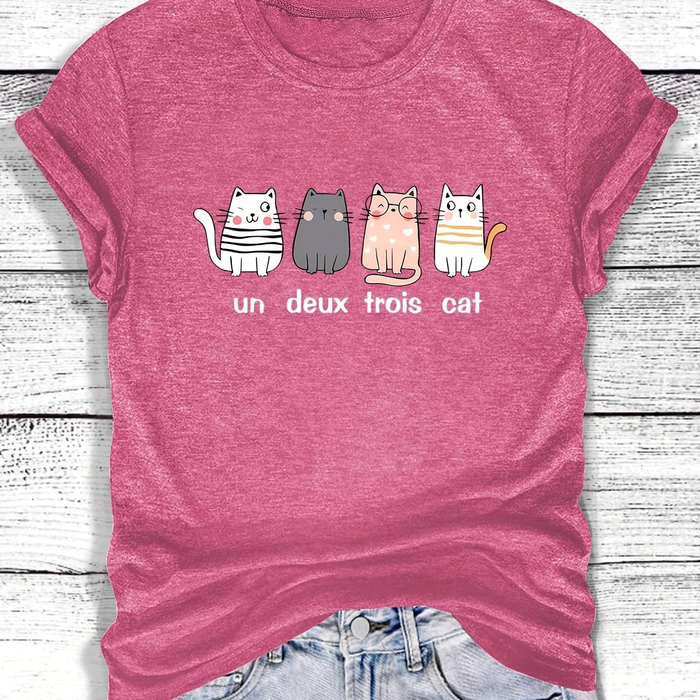 TEMU Women's Short Sleeve Series With Cute Kitten Print In Various Poses, Round Neck Casual Vintage Style, Elegant And Cute Spring/autumn Leisure