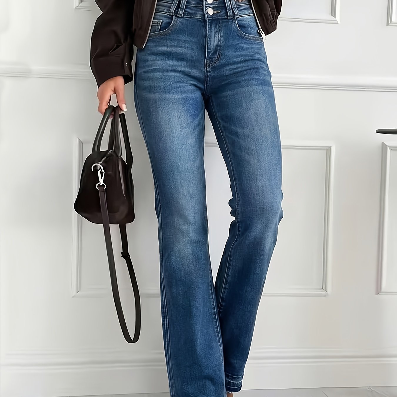 Image of Ladies' 2026 Early Spring Slim Flared Jeans, Pocket High-waisted Tapered Mom Pants, Elegant Ladies' Clothing From The 90s, Comfortable Denim Pants Suitable For , Perfect For