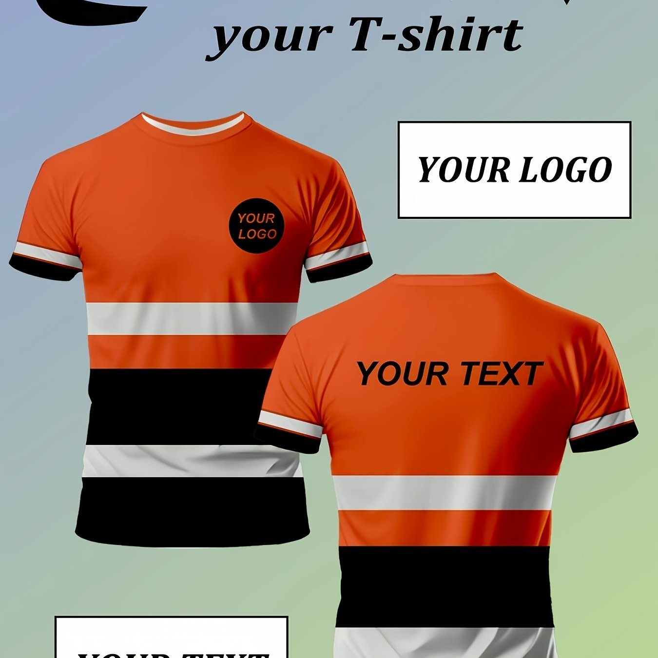 TEMU Customizable Men's Crew Neck T-shirt - Personalized Text/logo, With Black Accents, Heavy-duty Polyester Fabric, Casual Tee For Corporate Events,