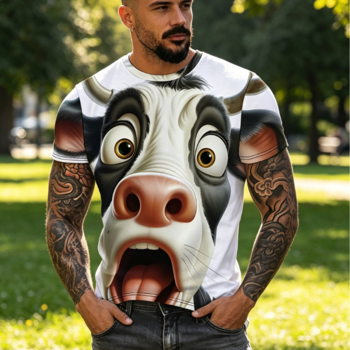 TEMU [print Design-not Textured] Cartoon Big- Cute Cow Creative Print T-shirt 2026 Versatile Plus Size Men's Summer Loose Short Sleeve