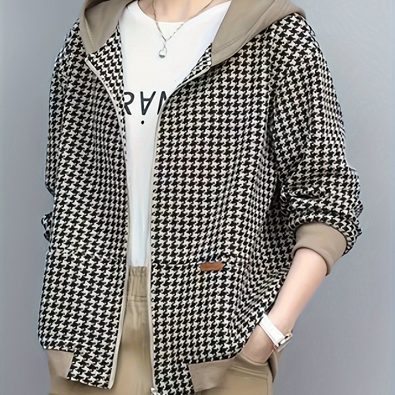 TEMU [popular ] Elegant Plaid Hooded Jacket For Elderly Women - Thick Fleece-lined Autumn/winter Coat, Machine Washable, Polyester, Short, Clothing