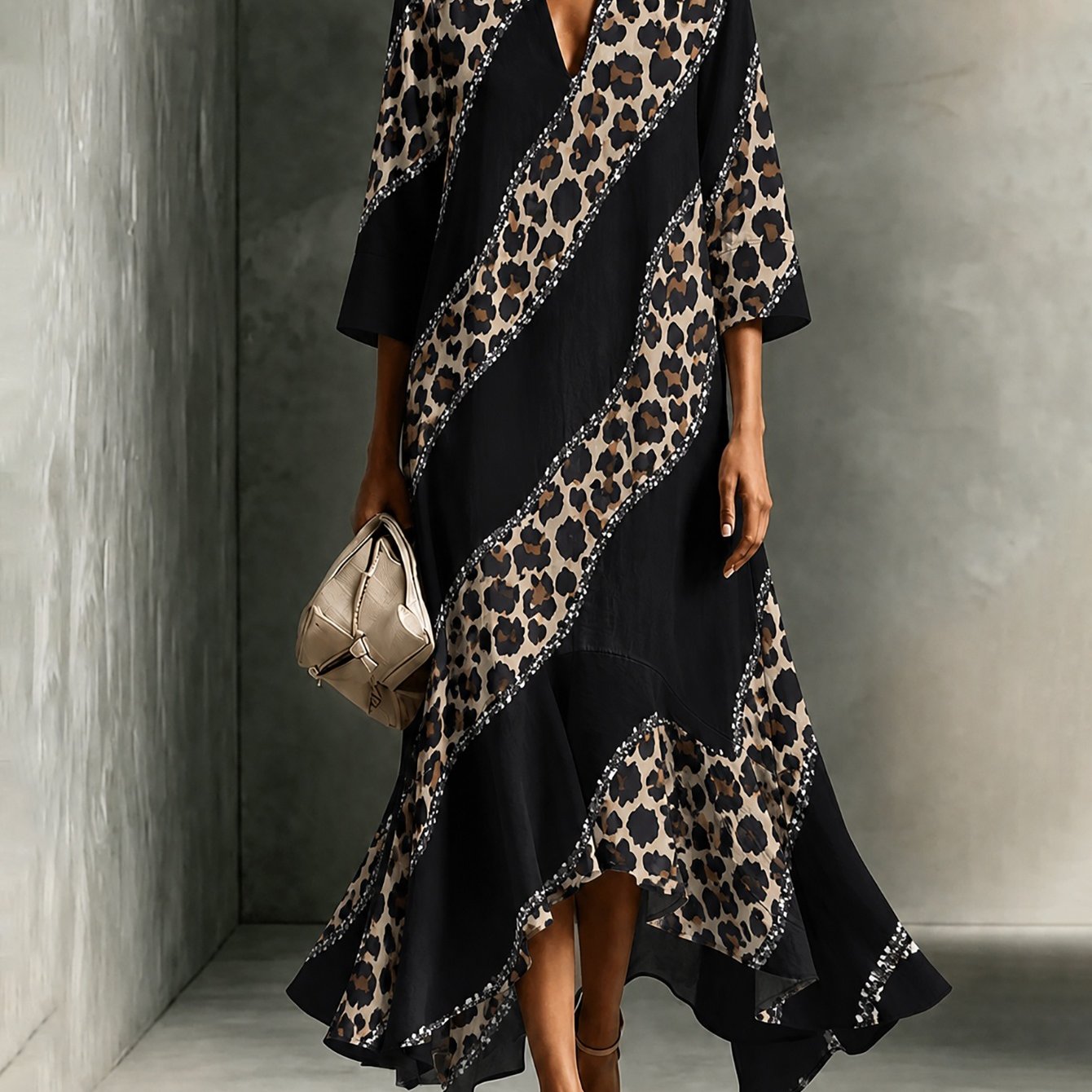 Image of Sleeve Women Dress Diagonal Leopard Trim Contrast V Neck Irregular Mermaid Maxi Dress Luxe Outfit For Party Wear Casual Women Outfit