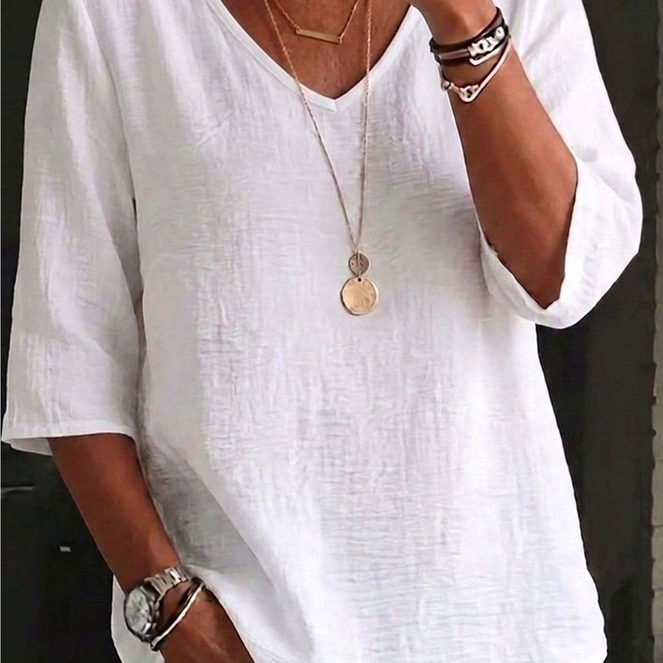 TEMU Solid Color Qf Solid Color V-neck Loose Fit Mature Style Top