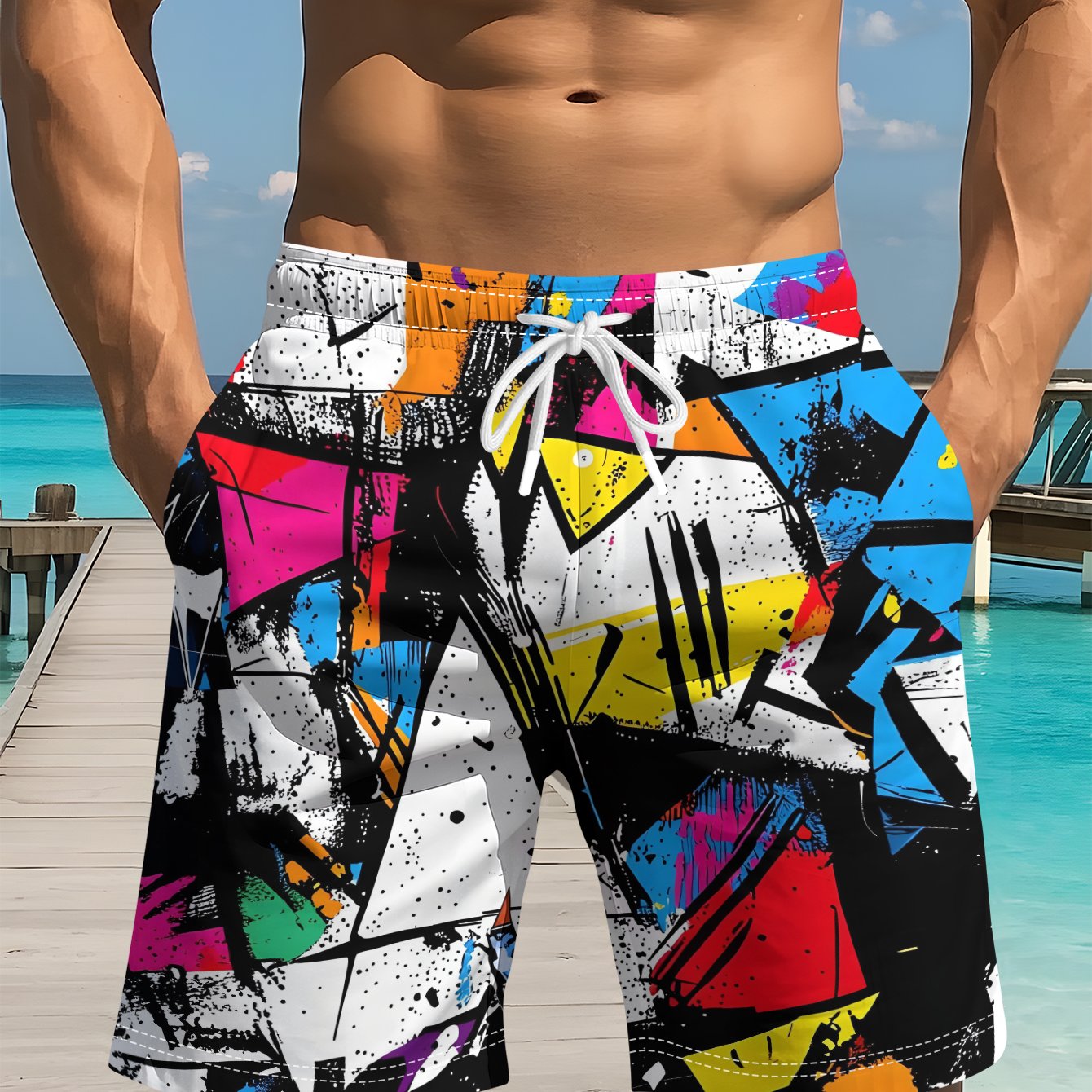 TEMU Pantaloncini da spiaggia estivi da con graffiti artistici astratti geometrici colorati, pantaloncini casual hawaiani