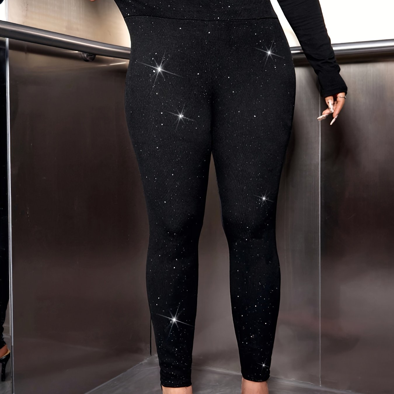 E-shop Plus Size, Damen Plus Größe - Schicke elegante glänzende Pailletten-Leggings mit hoher Taille