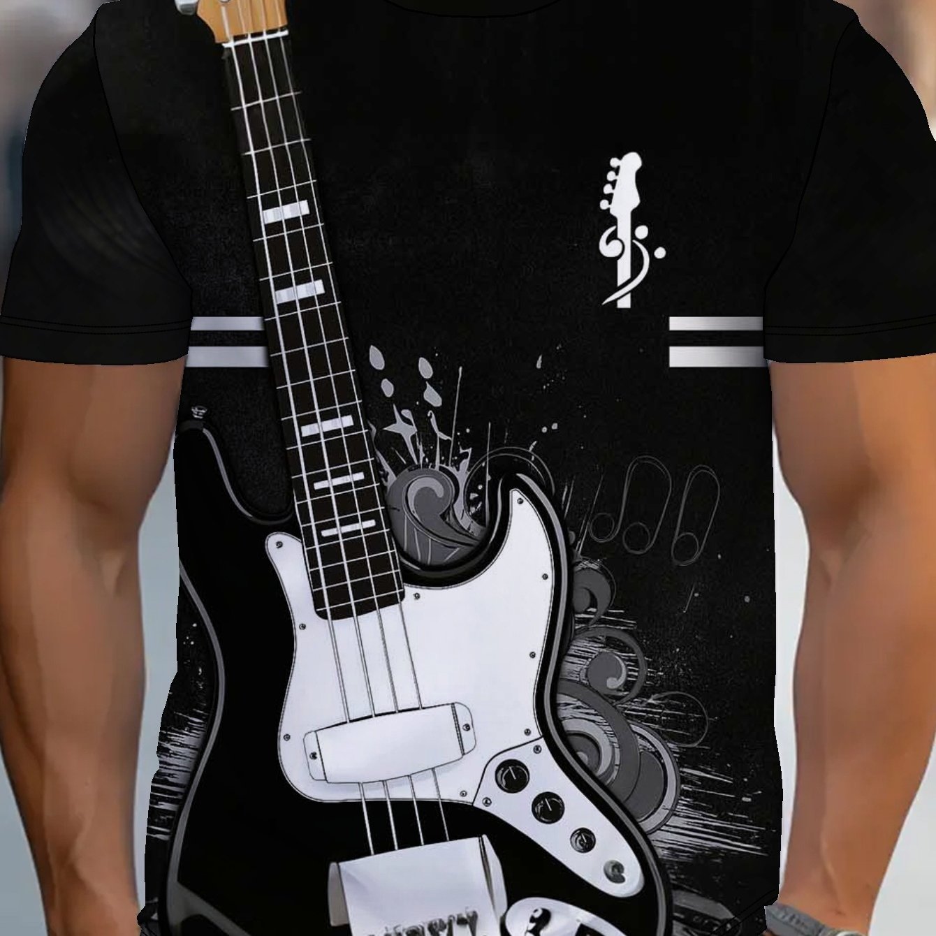 TEMU Men's Guitar Print Short Sleeve T-shirt - Musical Note Design - Musician Enthusiast Style