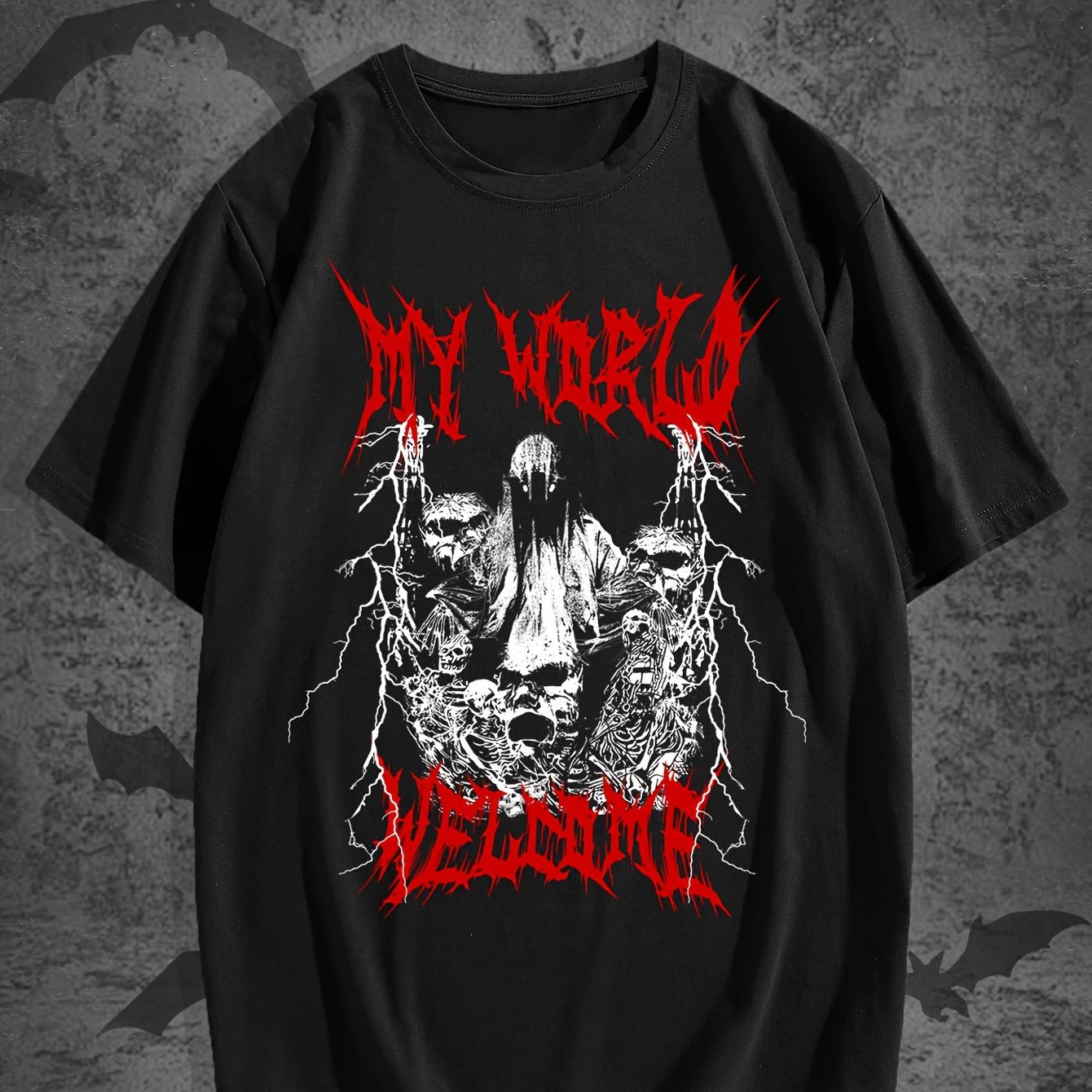 TEMU Lightning Skull Print Men' Comfy Breathable T-shirt, New Casual Round Neck Short Sleeve Tee For Holiday Vacation Men's Clothing As Gift