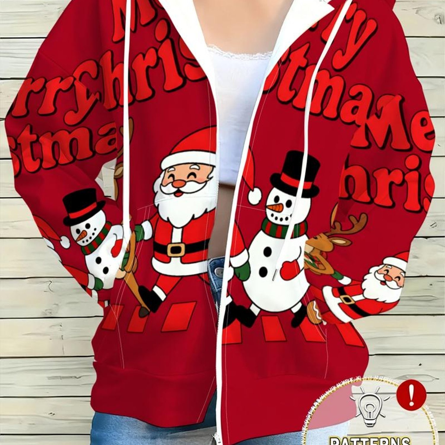 TEMU Plus Size, Plus Size Women's Christmas Santa Claus Snowman Print Zip-up Hoodie, Autumn/ Top With Pockets, Red Zip-up Hooded Women's Top