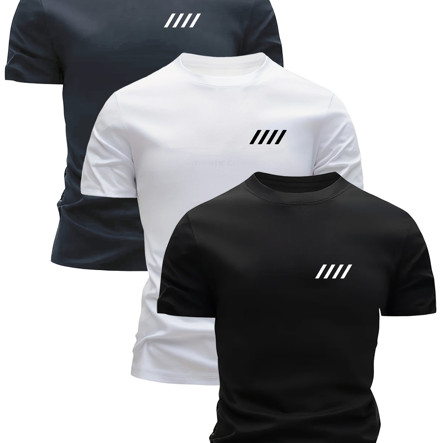 E-shop 3er-Set Gemischte Druck Vierstreifen-Muster Herren Ultra-Leichte Rundhals-T-Shirts – Schnelltrocknend, Atmungsaktiv, Feuchtigkeitsableitende