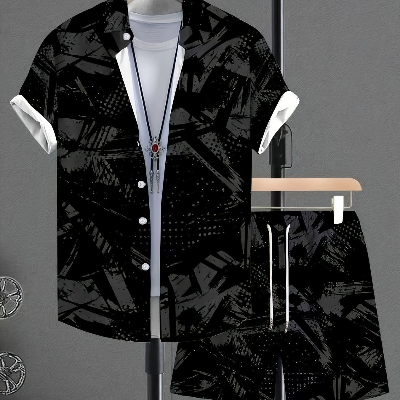 TEMU Men's Vintage Short-sleeve Shirt And Shorts Set | Fashionable Print Design, Non-stretch Fabric