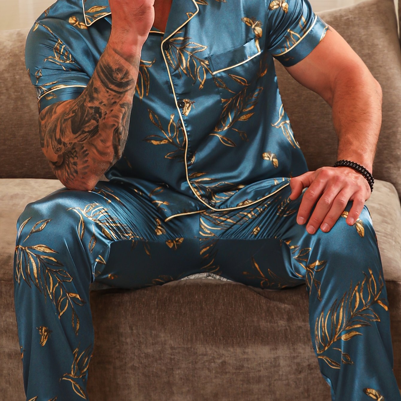 E-shop Herren 2-teiliger Pyjama-Set mit Pflanzenmuster, Kurzarmhemd und Lockere Hose mit Elastischem Bund für Sommerhauskleidung