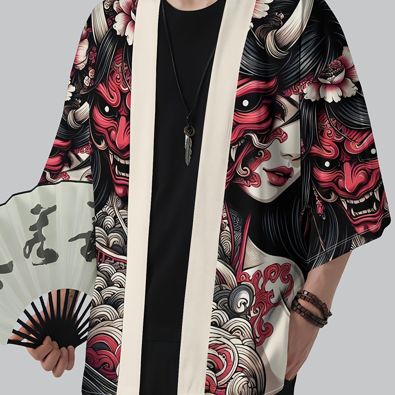 TEMU Japanese -e Style Hannya Cardigan, 3/4 Sleeve Loose Fit, Thin And Breathable, Hannya Geisha | Japanese - , Unisex Loose Kimono Cardigan,