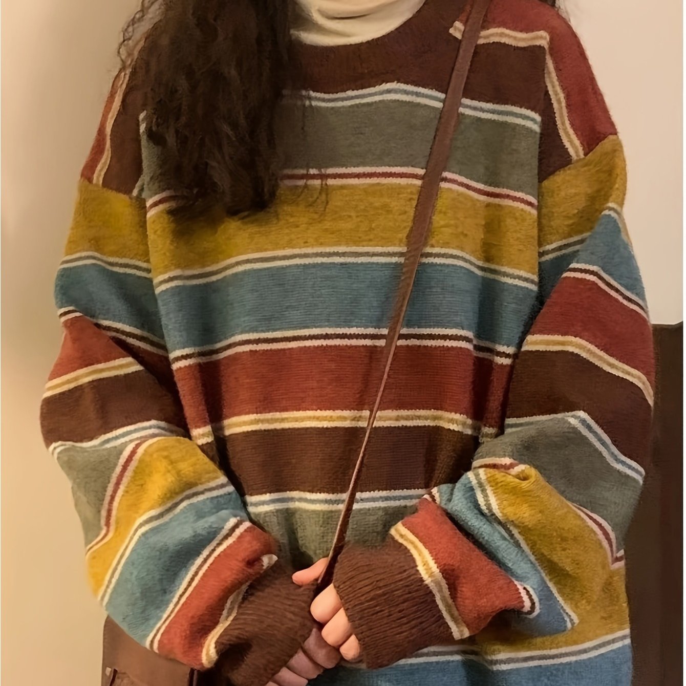 Image of 2025 Vintage Lazy Style Colorful Striped Sweater, Style Round Neck Pullover Sweater For Women