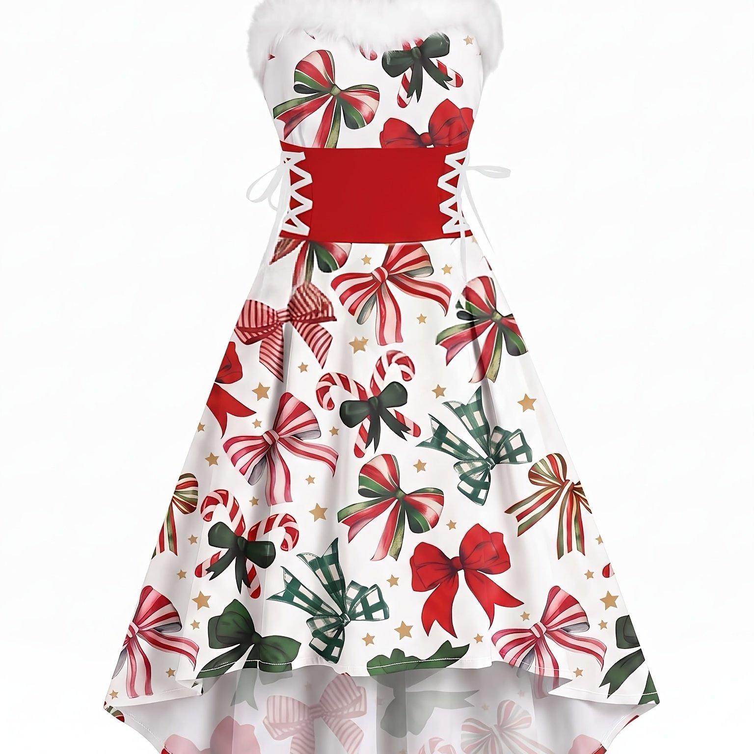 TEMU Christmas Bow Print Cami Dress, Plush Collar Cross-strap Waist-cinching Irregular Hem Tailored A-line Women's Dress, Christmas Party Elegant