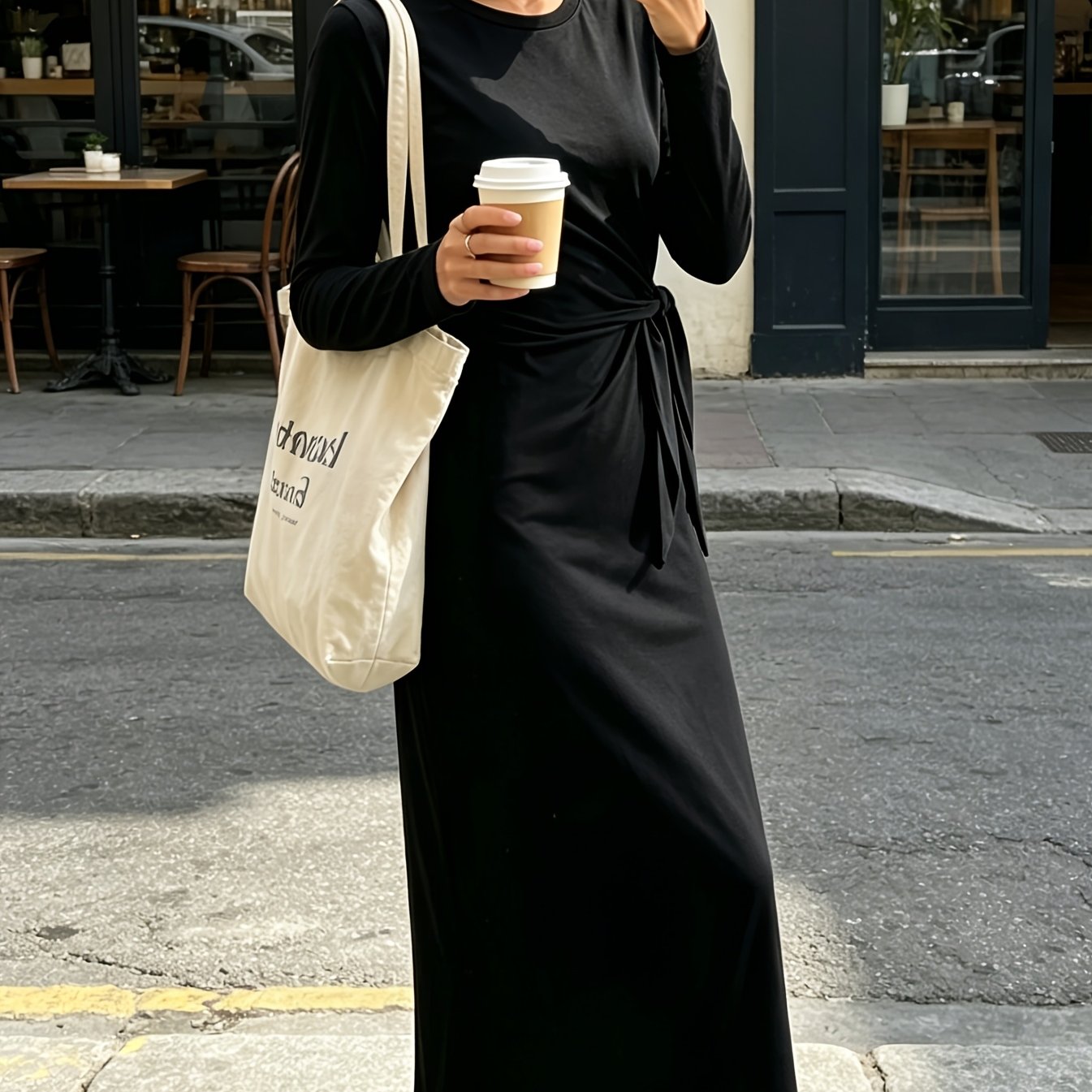 TEMU New Autumn/winter Women's , Round Neck Long Sleeve Design Maxi Dress, Suitable For Indoor And Outdoor Wear