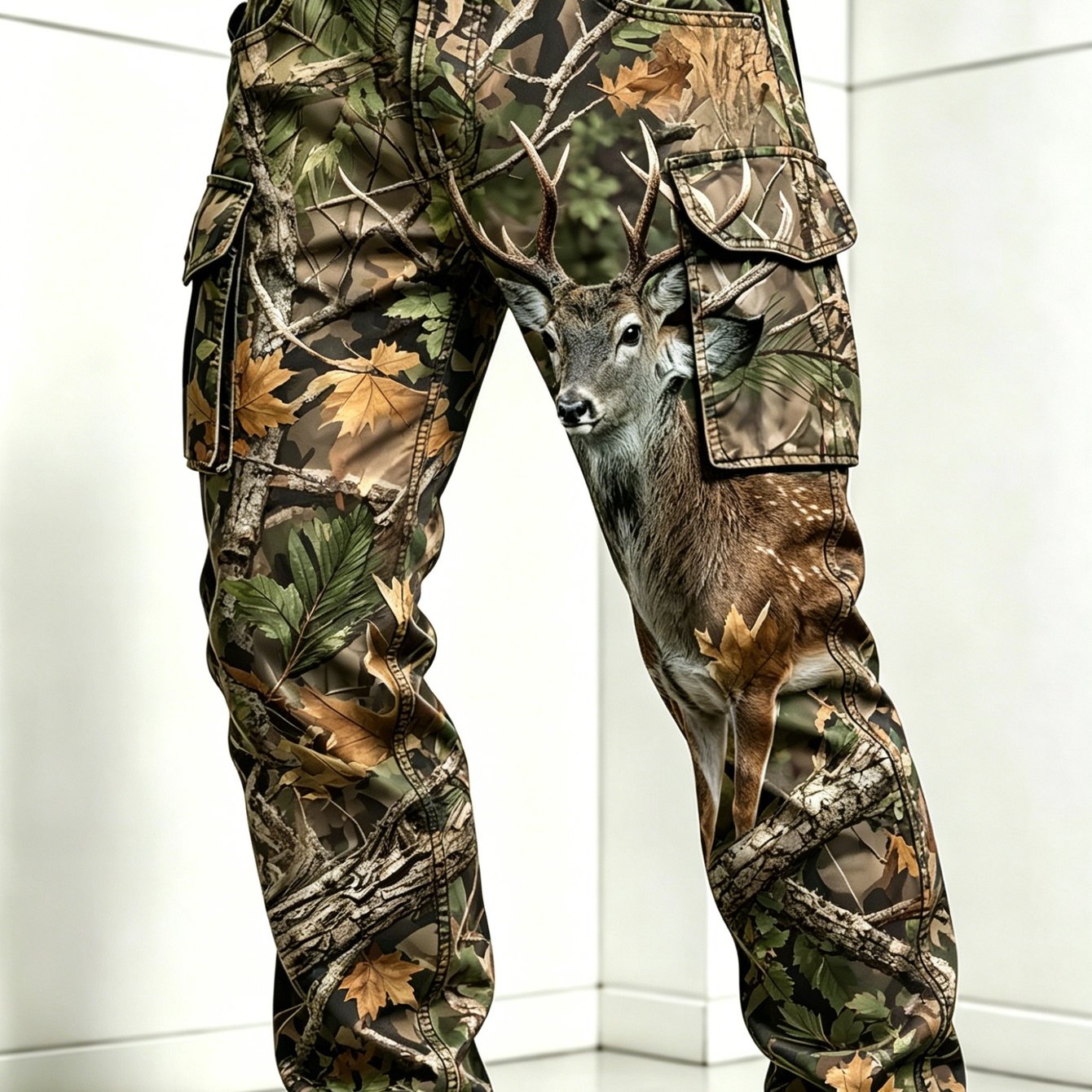 Image of Men's Digital Full Print Deer Camo Cargo Pants, Outdoor Hunting & Casual Straight Leg Trousers