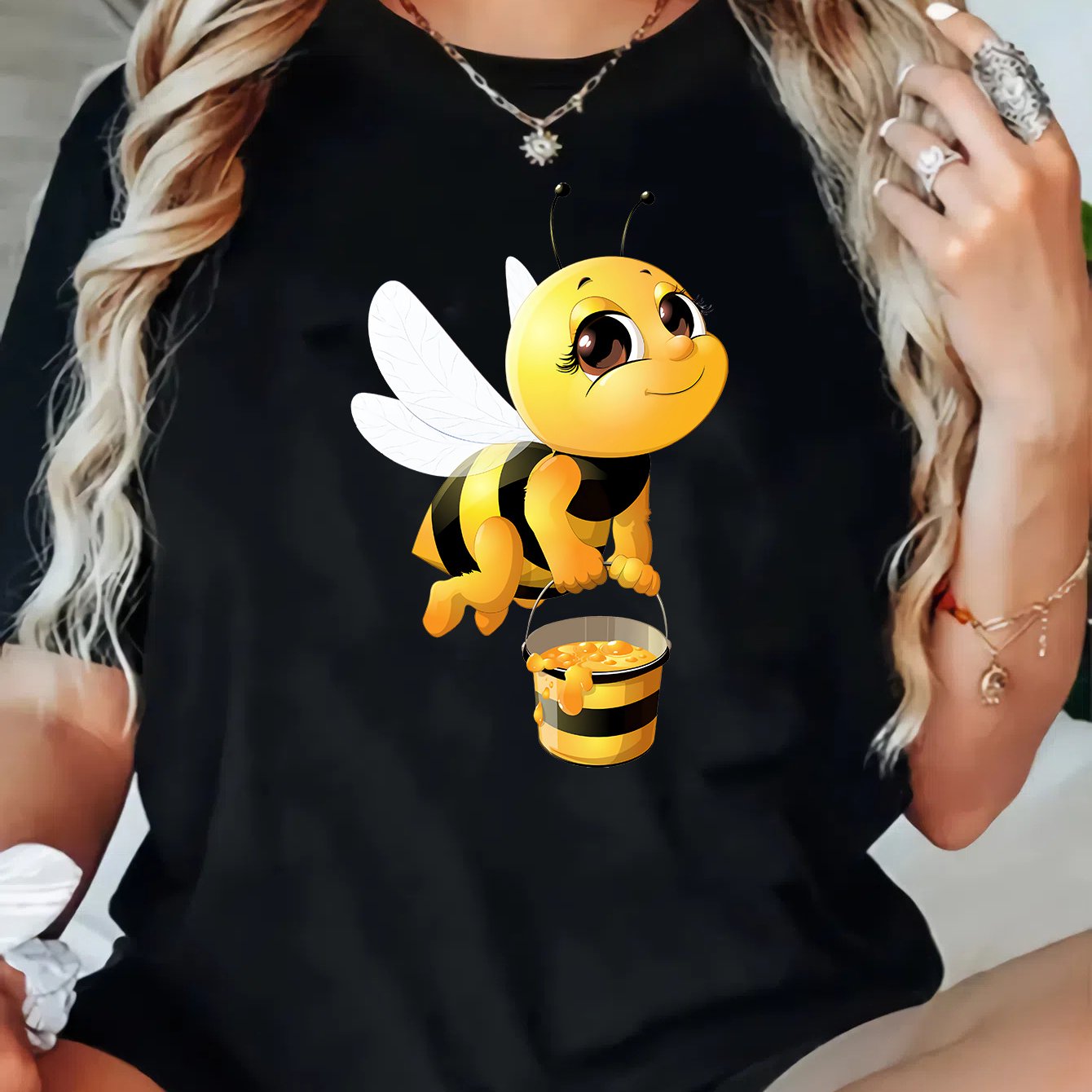 TEMU Plus Size, Women's Plus Size T-shirt - Plus Size Casual Short Sleeve Round Neck Blouse With Bee & Honeycomb/single Bee Patterns - Spring Summer