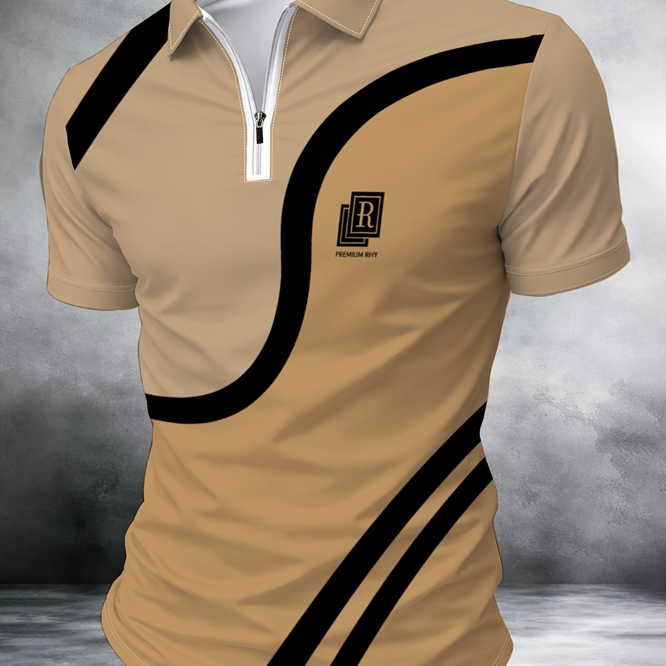 TEMU Men's Zipper Shirt Summer New Style Turn- Collar Short Sleeve T-shirt Block Print Business Casual Sports Fit Youth Versatile Base Shirt