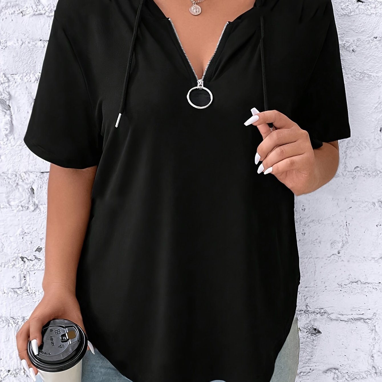 New Solid Color V-neck 's T-shirt, Fashionable And Versatile Hooded T-shirt