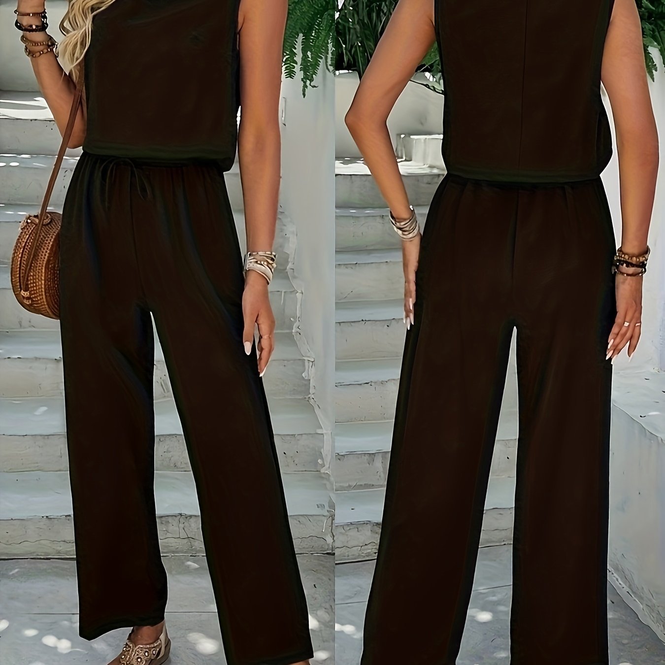 E-shop Damenbekleidung 1 Stück Neuer Einfarbiger Eleganter Urlaubs-Casual-Gürtel-Jumpsuit NS702