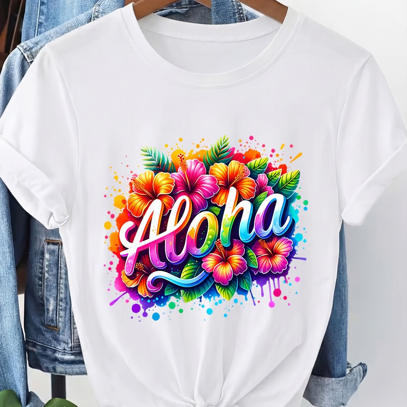 TEMU Women's Hawaiian Aloha Print T-shirt - Short Sleeve Round Neck Casual Blouse Top With Aloha Lettering & Hawaiian Flower, Breathable