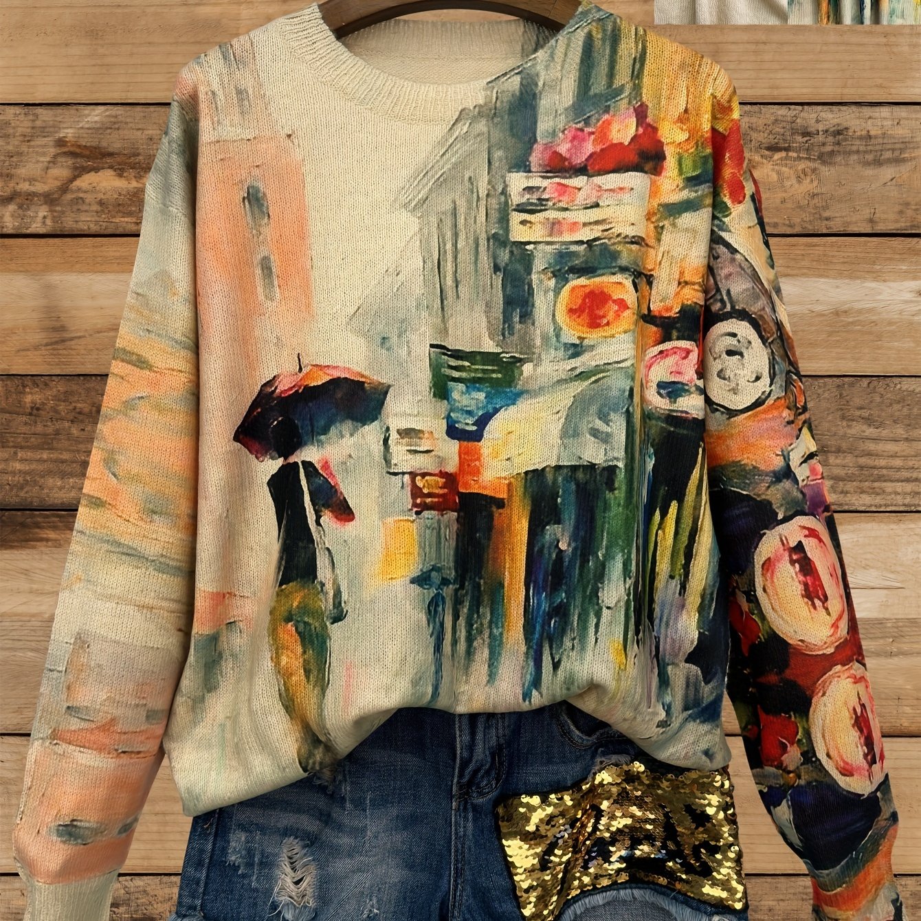 [ Print] [thin] [sweater] Painting Style Pattern Thin, Casual Crew Neck Long Sleeve Sweater, Women's Clothing