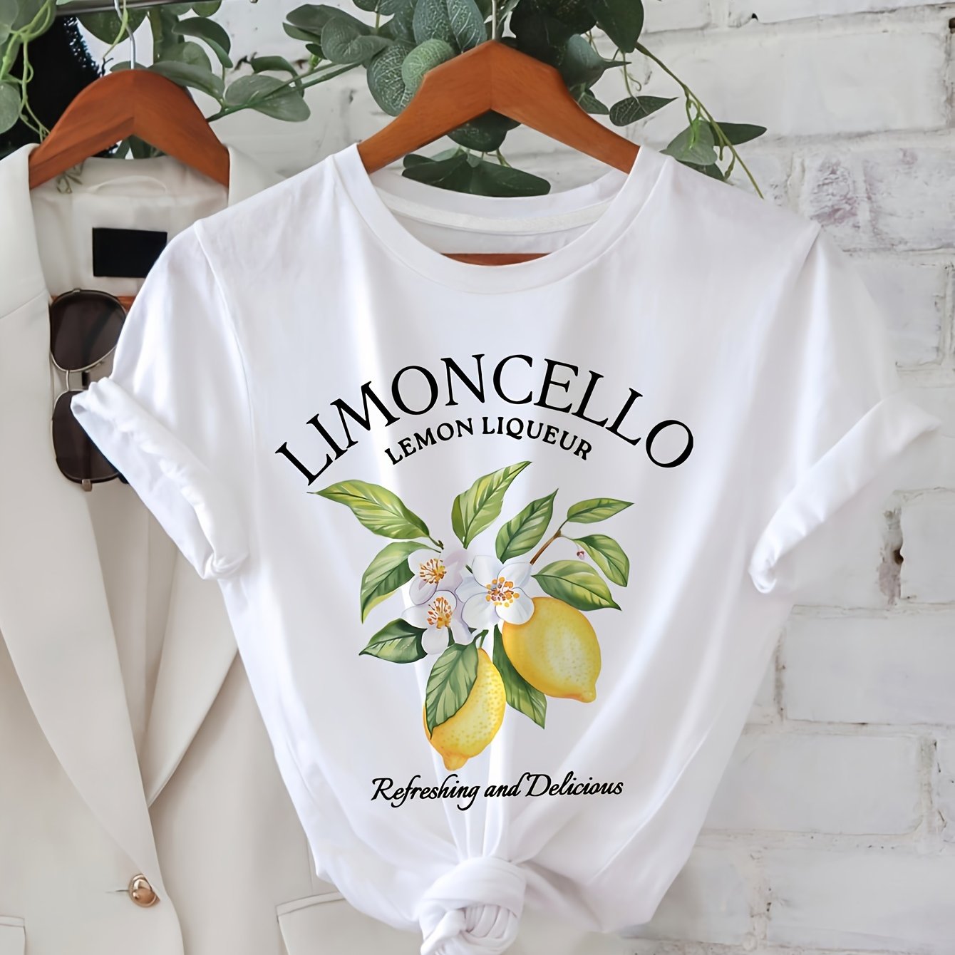 Image of Women's Limoncello Lemon & Floral Print T-shirt - "refresh & " Summer Casual Top, Machine Washable Round Neck Tee With Medium Stretch, Versatile Daily Wear, , Medium Stretch Fabric