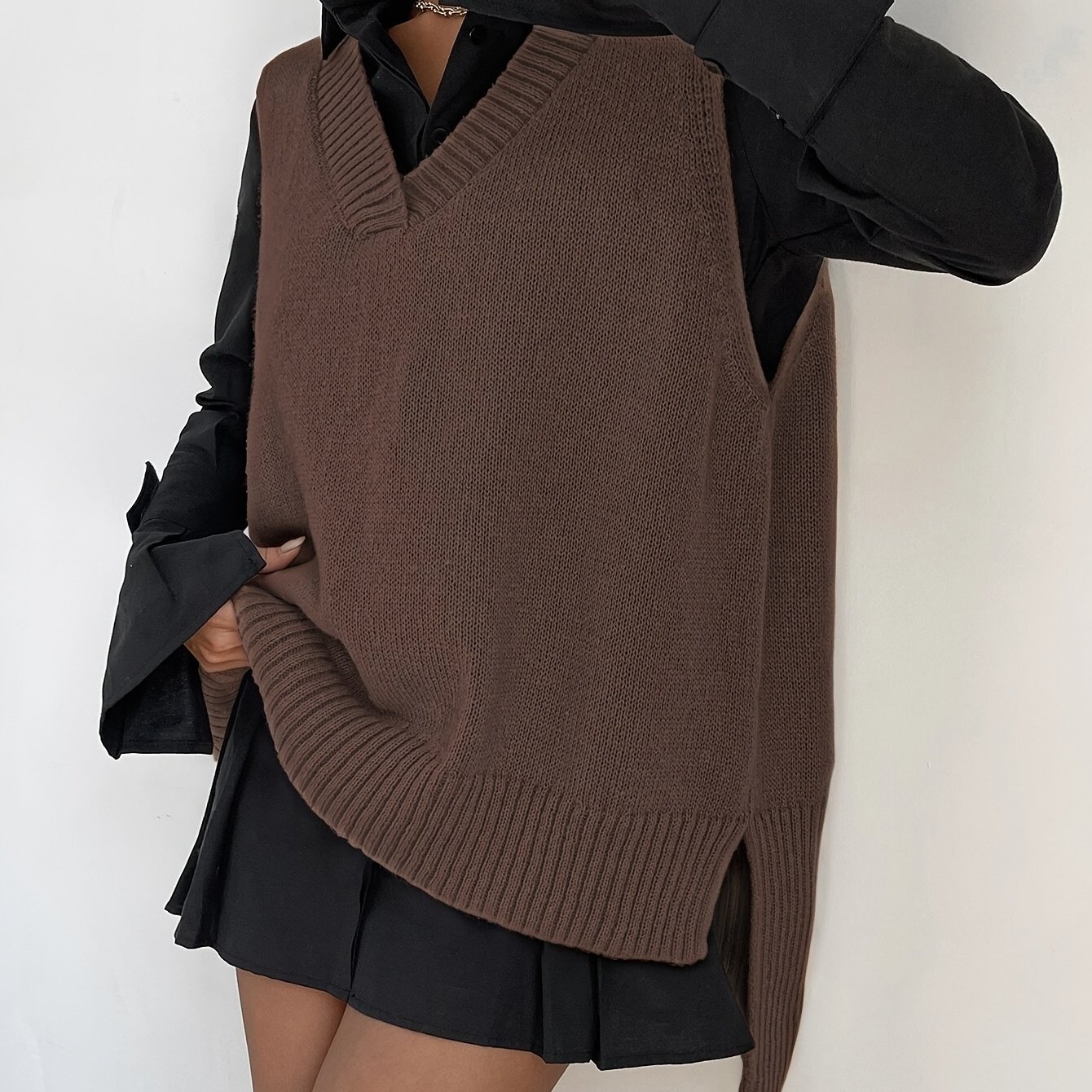 Image of Fall Winter Elegant Slit High-waist Hem Sweater Vest