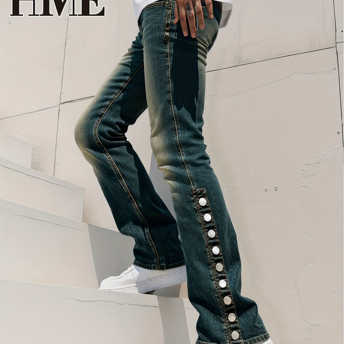 TEMU Hme Men'-colored Washed Denim Trousers - Mid-rise Stretch Bell-bottom Jeans Suitable For Machine Washable, Fringed Tassel Hem & Ykk Zipper