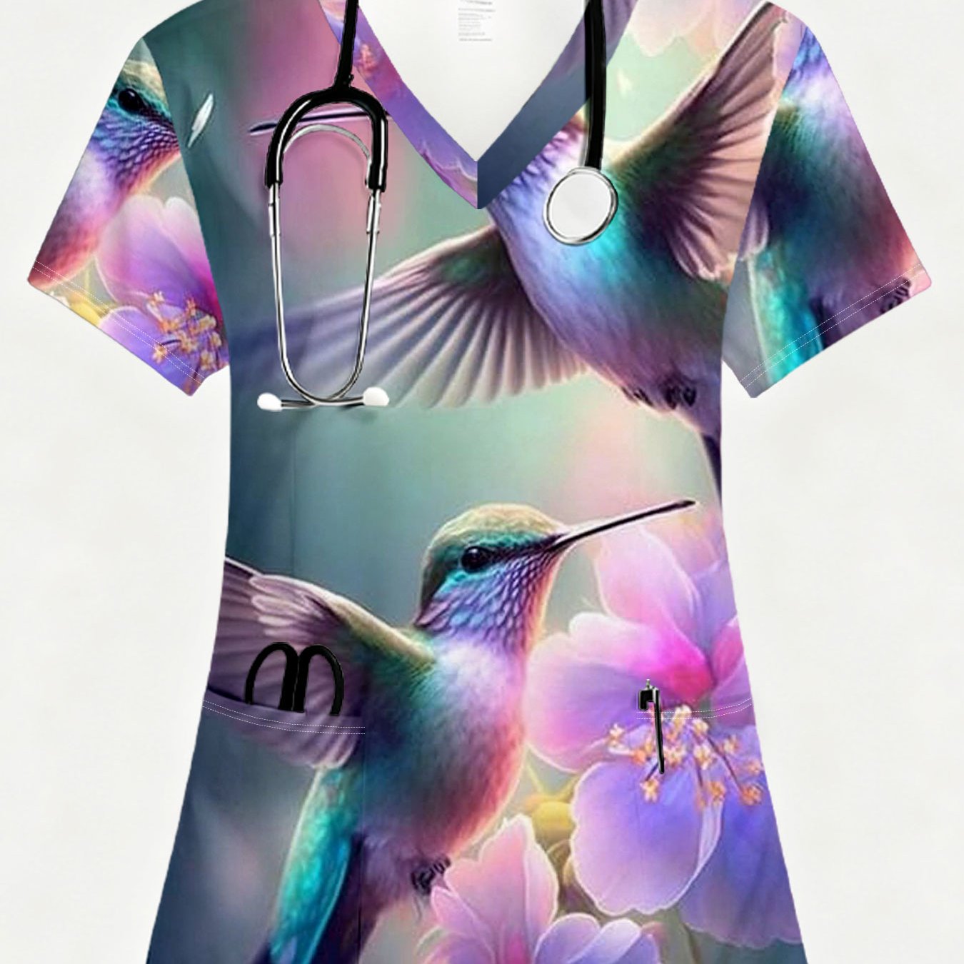 TEMU Women's Short Sleeve Pocketed Fashion Printed Nursing Uniform, Modern Minimalist Style, 2d Hummingbird Floral Print, Machine Washable, Versatile