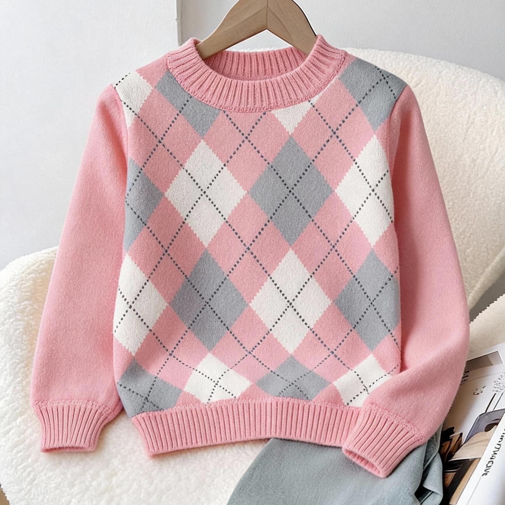 Image of Girls' Pink Sweater Winter Fleece Knit Top Base Layer Girls' Autumn Winter Trendy Pullover, Halloween