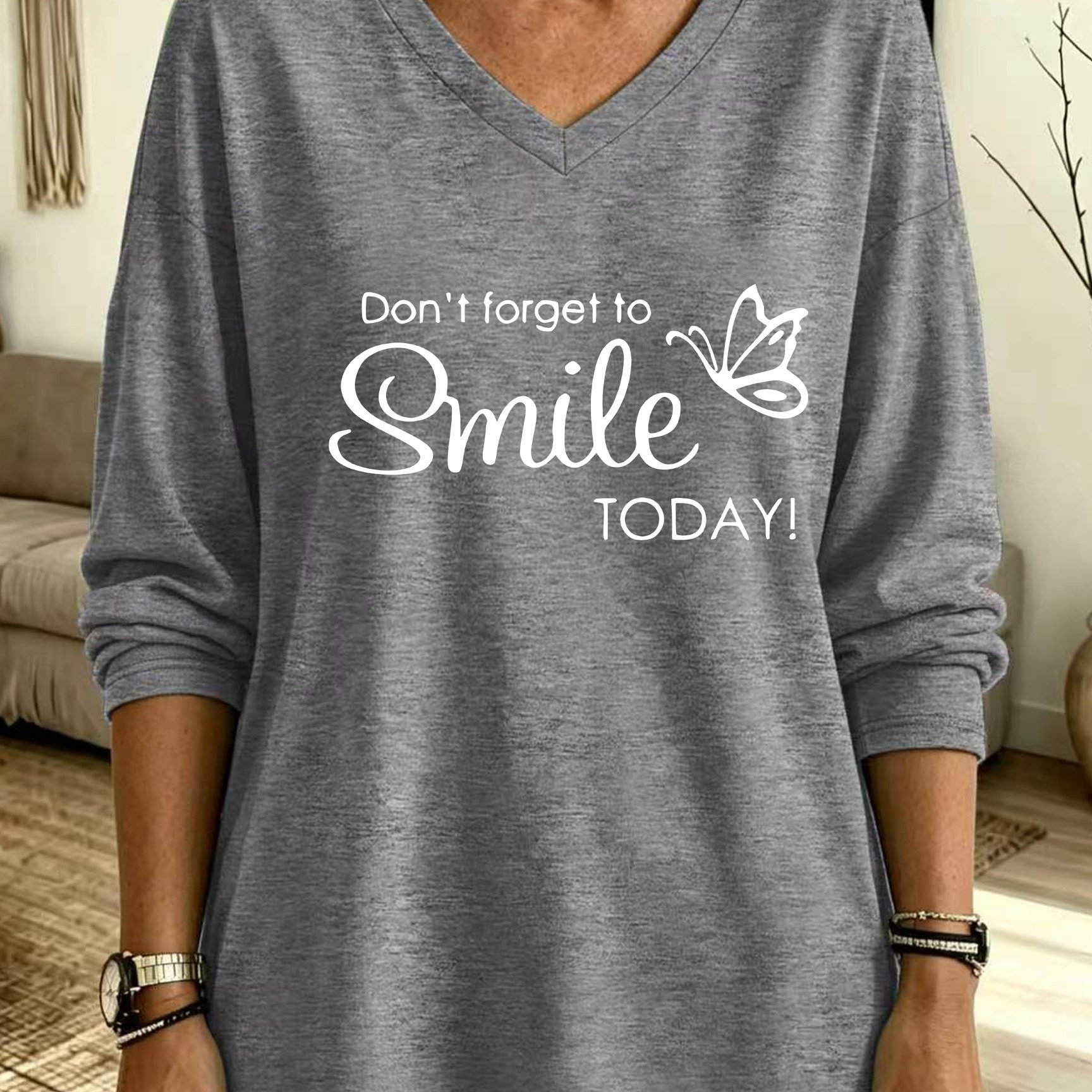TEMU Plus Size - Lente Zomer Nieuwe Size Dames Trendy Letter " to " Vlinder Lange Mouw V-Hals T-Shirt, Viscose - Zacht En Makkelijk Te Onderhouden