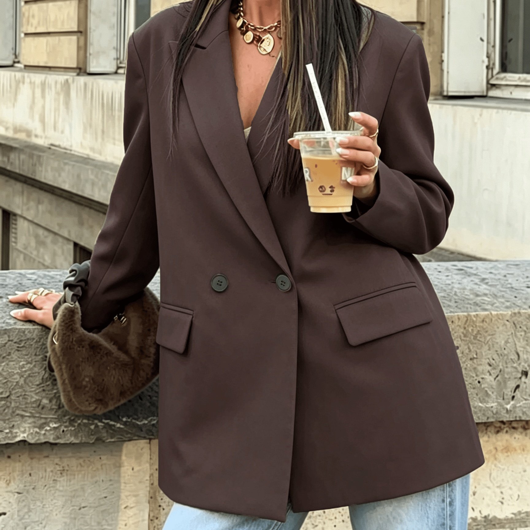 TEMU Herbst- und Winter Damen Braunes Business Formelles Sportbekleidung Mode Elegant Hochzeit Abschlussfeier Lässig Einfarbig Doppelreißverschluss