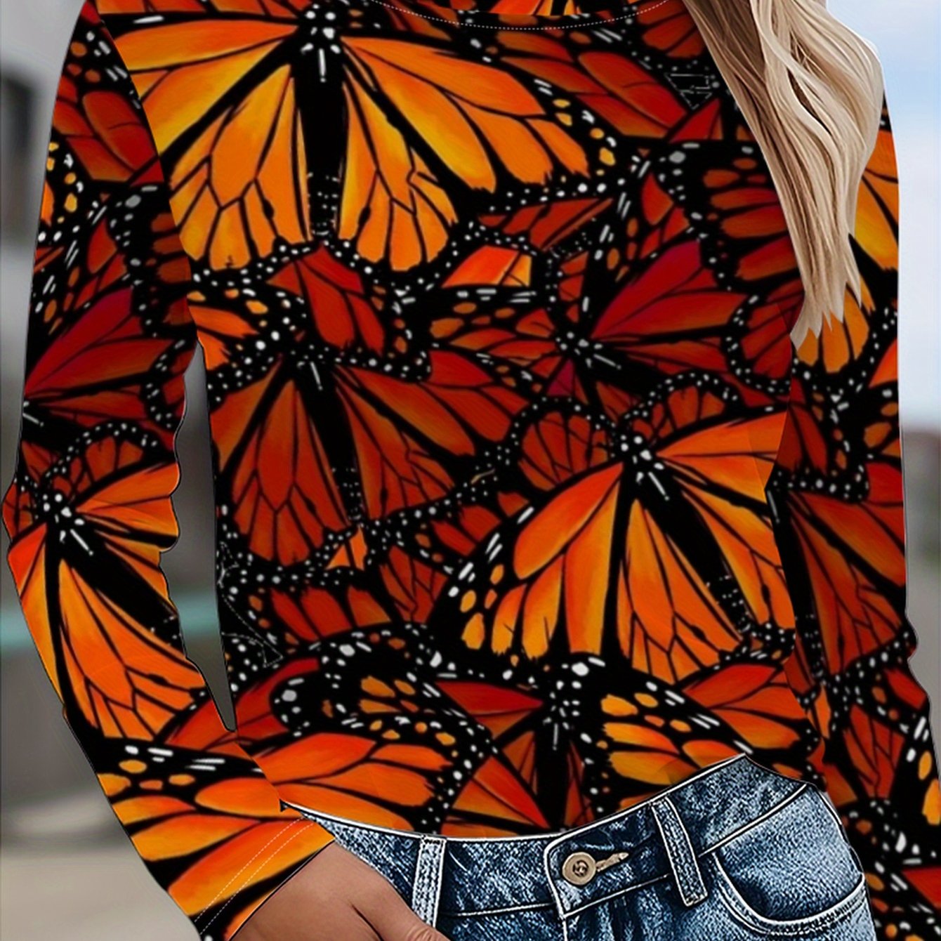 TEMU T-shirt à Imprimé Intégral, Haut Décontracté à Manches Longues et Col Rond, Convient pour de Printemps et d'Automne, Vêtements pour Femmes