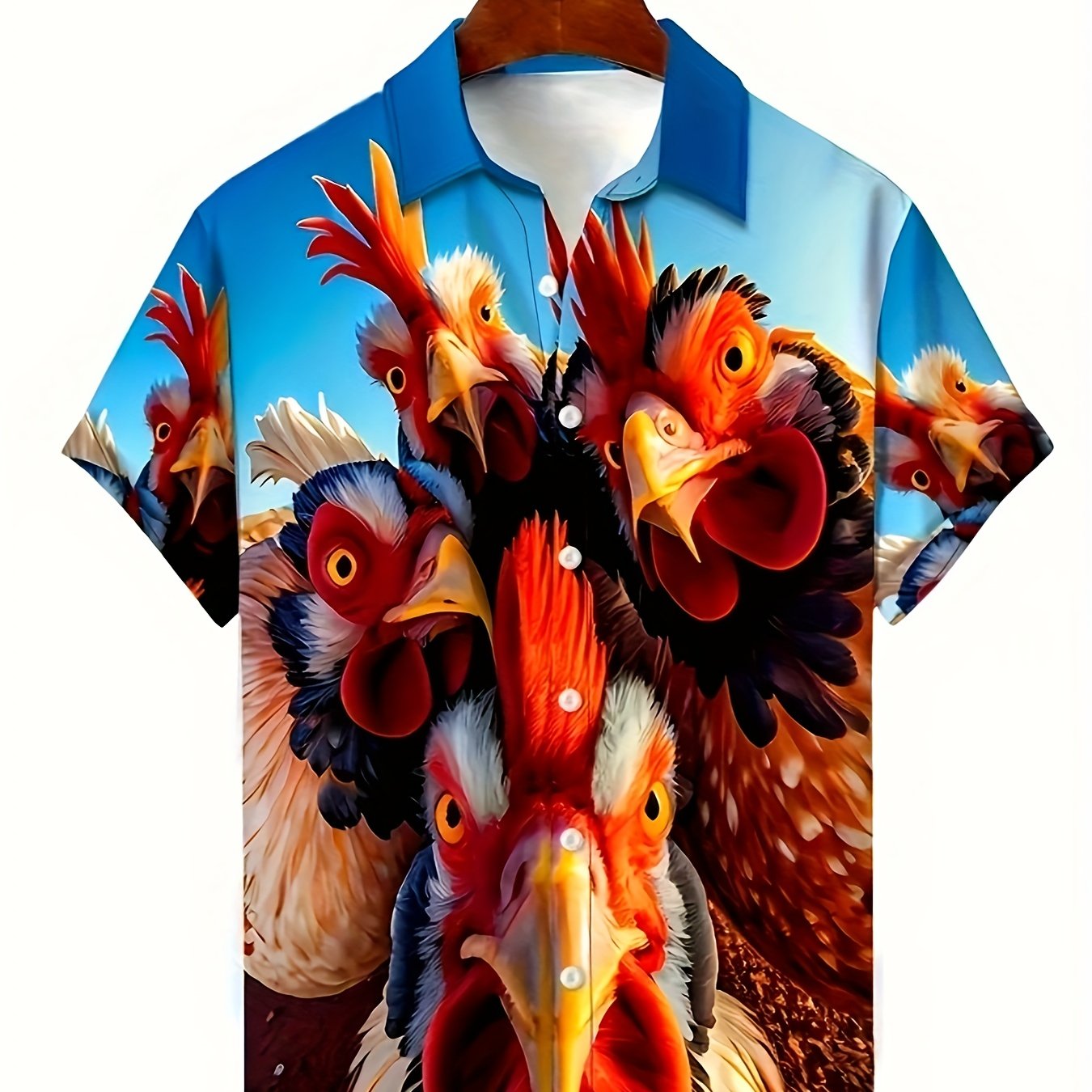 TEMU Men's Rooster Shirt, Summer Short Sleeve Button- Lapel Collar, 100% Polyester Woven Fabric With Stretch, Loose Fit, 130gsm - Regular Size