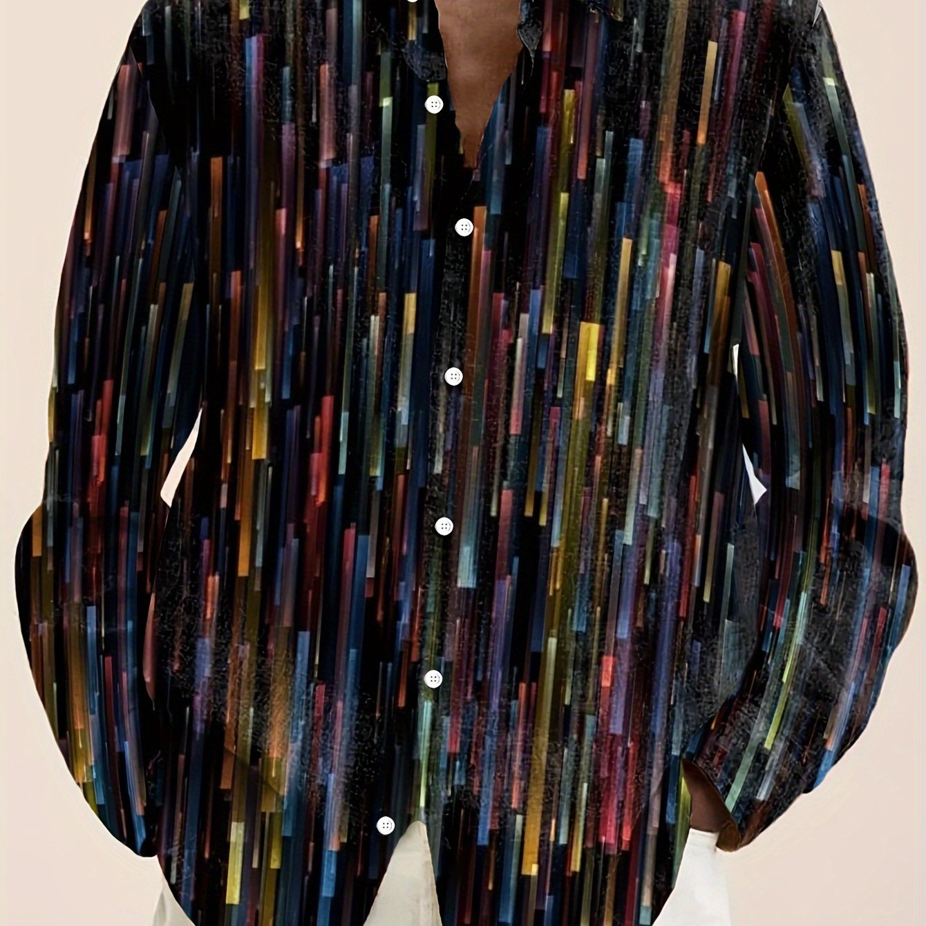 Retro Multicolor Striped Gradient Print Men's Plus Size Button-up Long Sleeve Shirt
