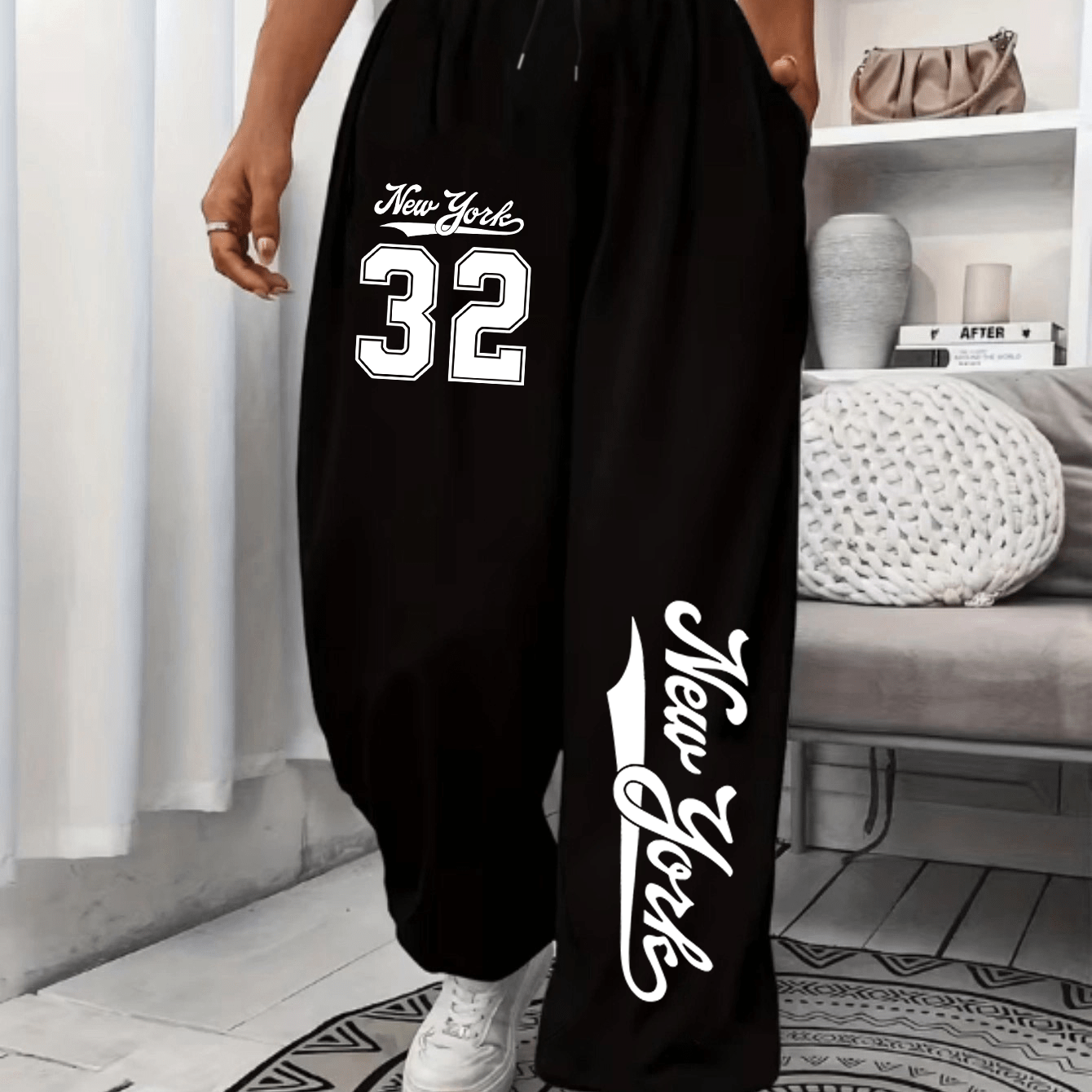 TEMU Sports Style Letter Two-print Trousers, Cool And Versatile, Plus-size Casual Sports Women's Wear, Classic Leg-tied Version, Suitable For Daily