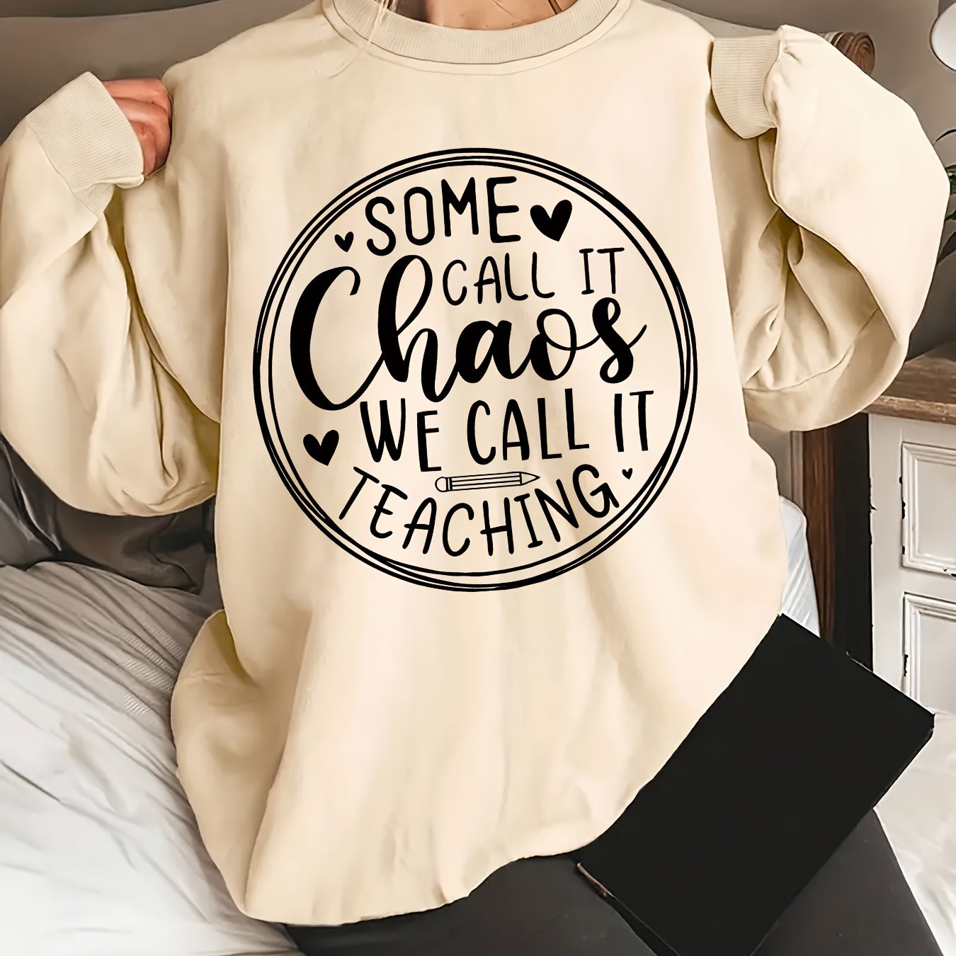 TEMU Women's Casual Crew Neck Sweatshirt With "some Call It , We Call It Teaching" Letter Print, 100% Polyester Knit Fabric, , 250gsm - Fashionable