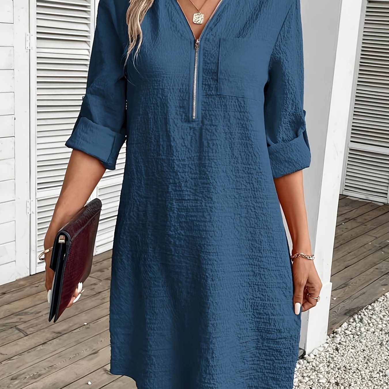 Women's Long Sleeve Zipper V-neck Dress